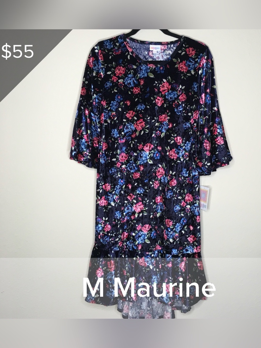 LuLaRoe Maurine Floral Velvet Dress in Black, Pink & Blue M